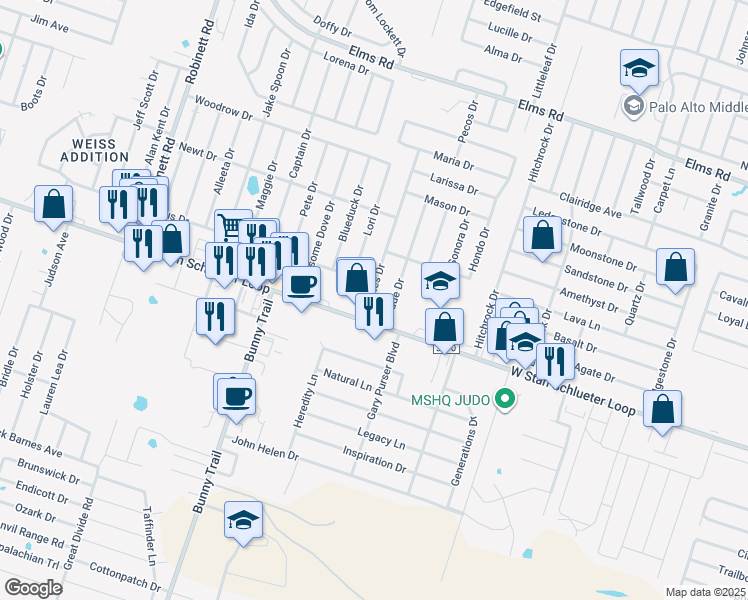 map of restaurants, bars, coffee shops, grocery stores, and more near 2809 West Stan Schlueter Loop in Killeen