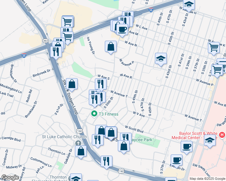 map of restaurants, bars, coffee shops, grocery stores, and more near 1926 South 55th Street in Temple