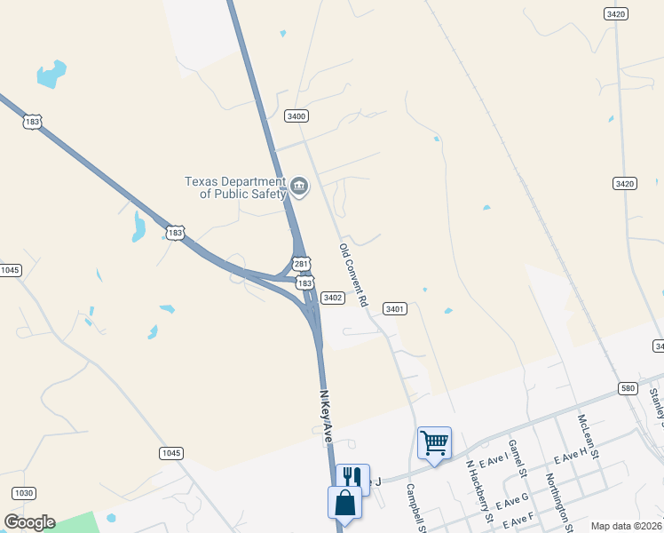 map of restaurants, bars, coffee shops, grocery stores, and more near 14 U.S. 281 in Lampasas