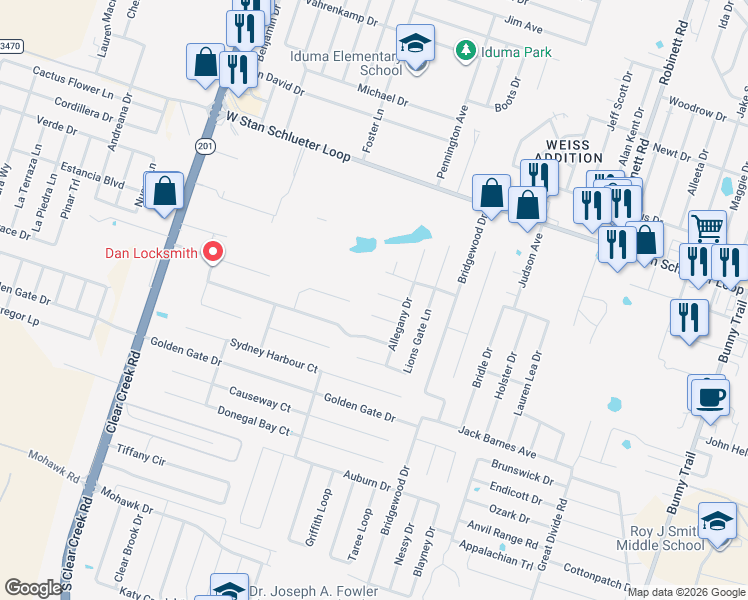 map of restaurants, bars, coffee shops, grocery stores, and more near 4705 Honeystreet Bridge Lane in Killeen