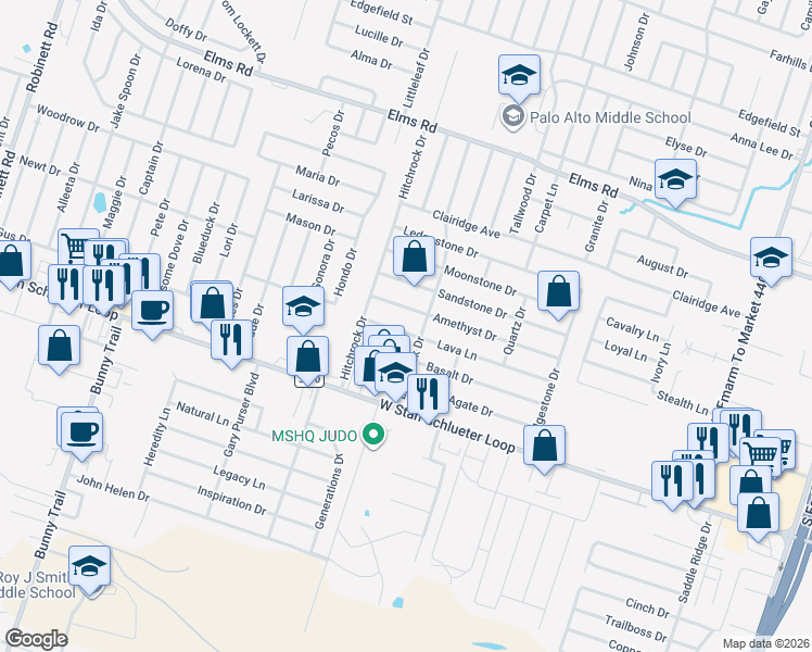map of restaurants, bars, coffee shops, grocery stores, and more near 2305 Lava Lane in Killeen