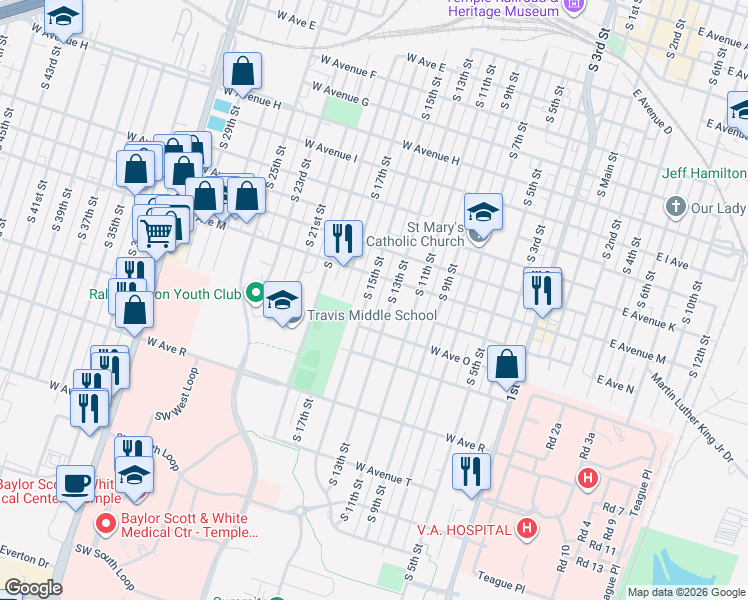 map of restaurants, bars, coffee shops, grocery stores, and more near 1309 South 17th Street in Temple