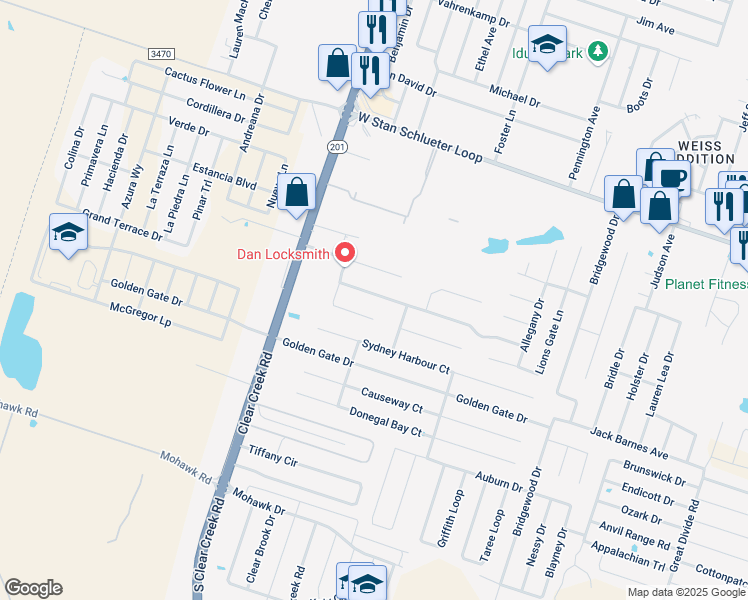 map of restaurants, bars, coffee shops, grocery stores, and more near 5202 Ranch Meadow Street in Killeen