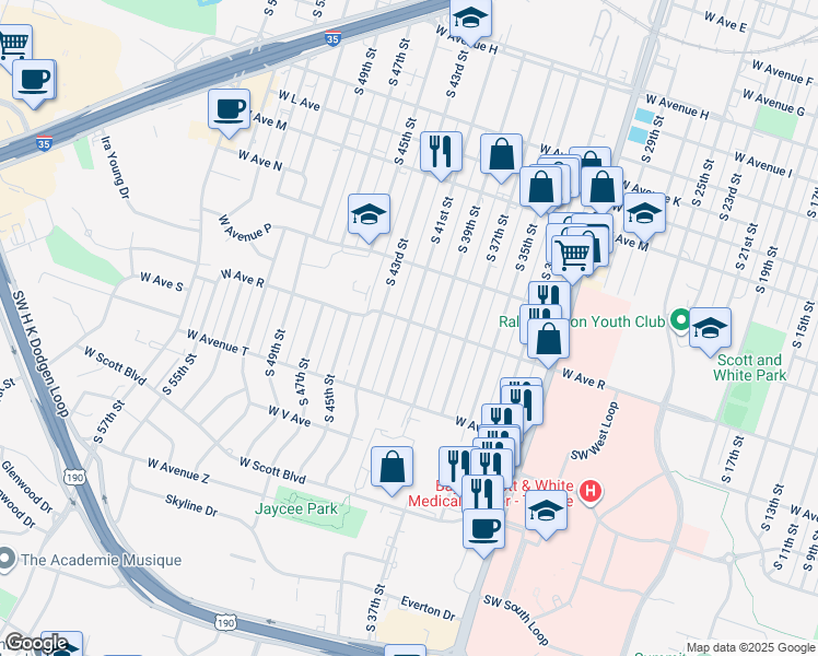 map of restaurants, bars, coffee shops, grocery stores, and more near 1706 South 41st Street in Temple