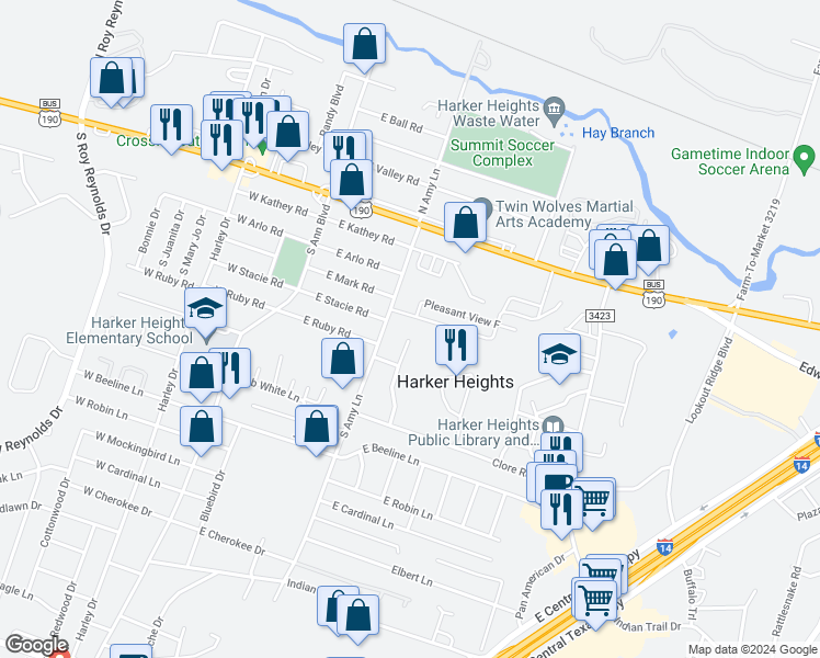 map of restaurants, bars, coffee shops, grocery stores, and more near 305 North Amy Lane in Harker Heights