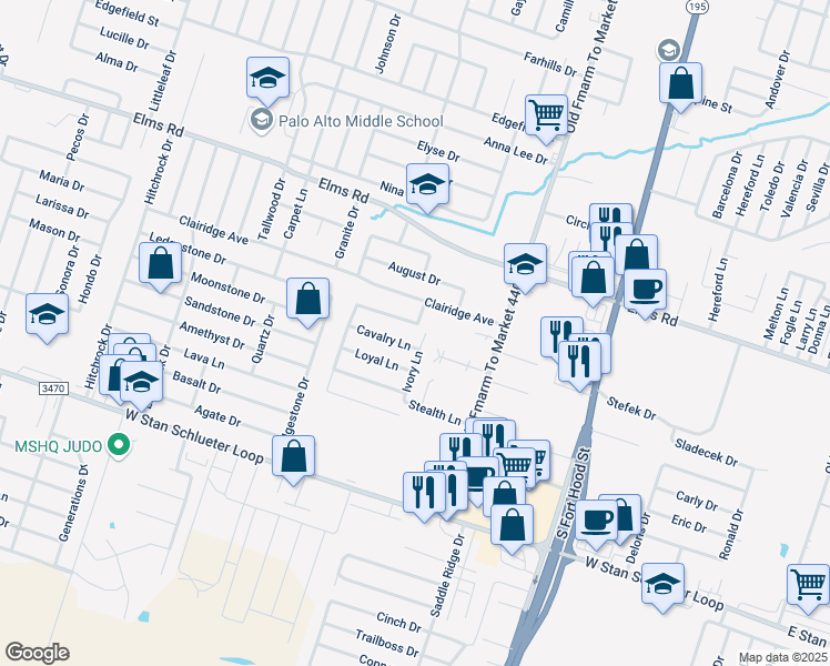 map of restaurants, bars, coffee shops, grocery stores, and more near 4005 Cambridge Drive in Killeen