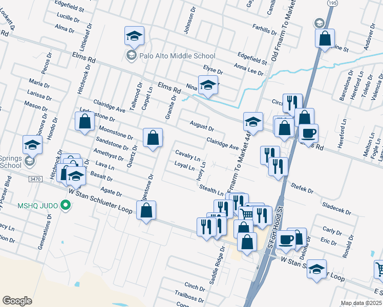 map of restaurants, bars, coffee shops, grocery stores, and more near 4005 Cambridge Drive in Killeen