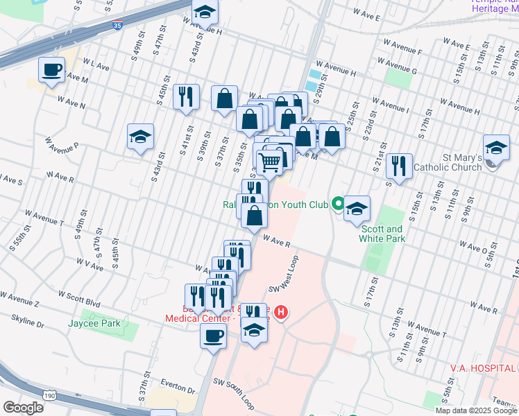 map of restaurants, bars, coffee shops, grocery stores, and more near 1516 South 31st Street in Temple