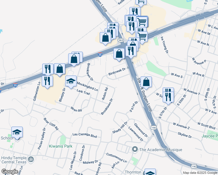 map of restaurants, bars, coffee shops, grocery stores, and more near 2305 Birdcreek Terrace in Temple