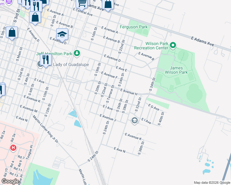 map of restaurants, bars, coffee shops, grocery stores, and more near 615 South Terrace Street in Temple