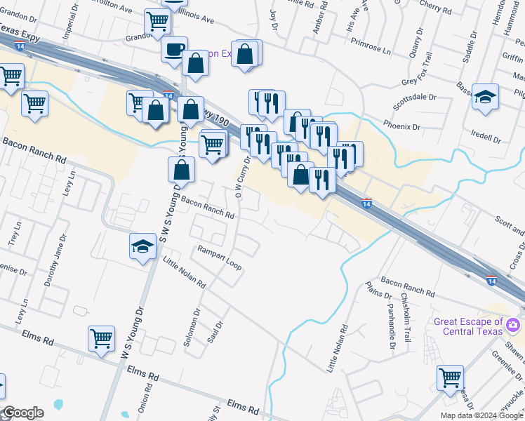 map of restaurants, bars, coffee shops, grocery stores, and more near 2801 O W Curry Drive in Killeen