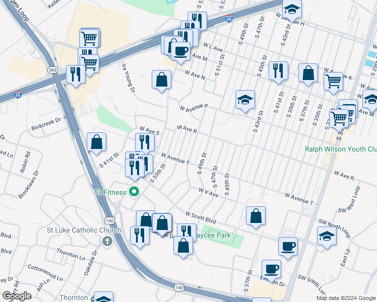 map of restaurants, bars, coffee shops, grocery stores, and more near 1910 South 51st Street in Temple