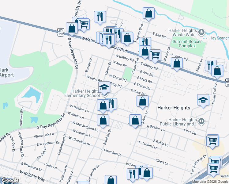 map of restaurants, bars, coffee shops, grocery stores, and more near 111 West Ruby Road in Harker Heights
