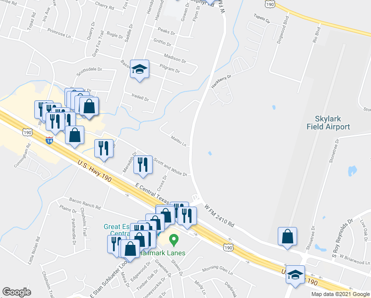 map of restaurants, bars, coffee shops, grocery stores, and more near 3709 Malibu Lane in Killeen
