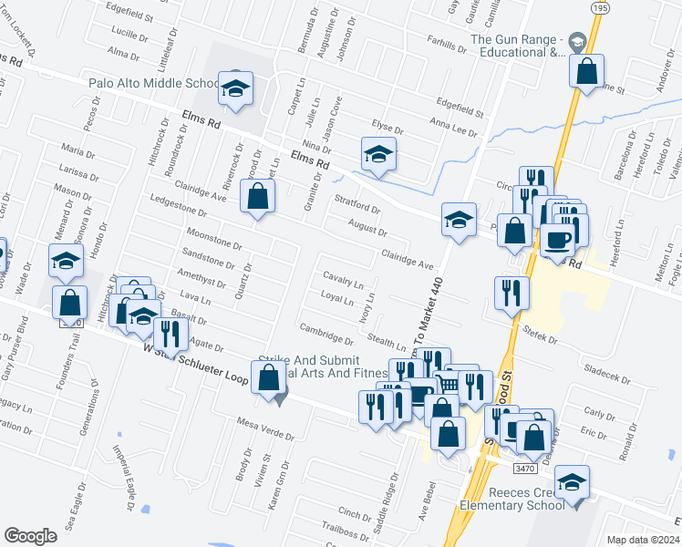 map of restaurants, bars, coffee shops, grocery stores, and more near 4106 Cambridge Drive in Killeen
