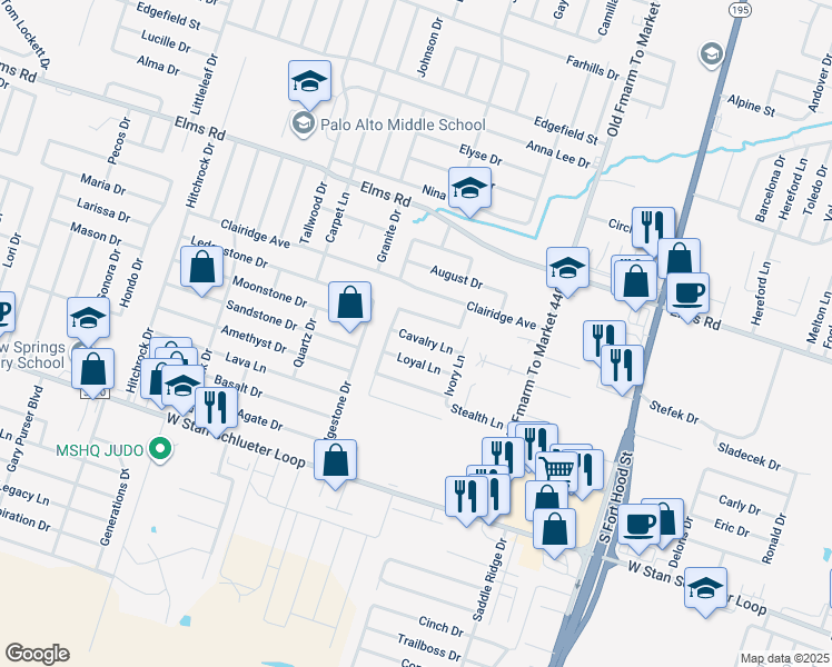 map of restaurants, bars, coffee shops, grocery stores, and more near 4106 Cambridge Drive in Killeen