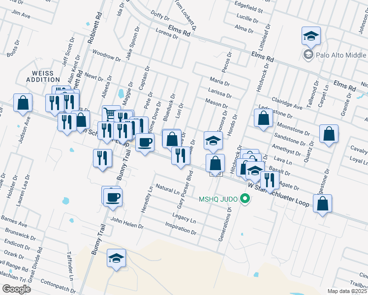 map of restaurants, bars, coffee shops, grocery stores, and more near 4603 Bowles Drive in Killeen
