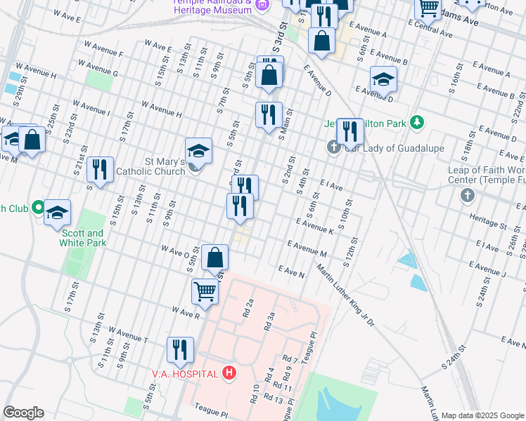 map of restaurants, bars, coffee shops, grocery stores, and more near 1109 South Main Street in Temple