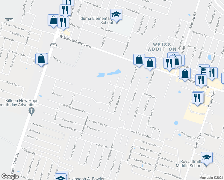 map of restaurants, bars, coffee shops, grocery stores, and more near 4603 Honeystreet Bridge Lane in Killeen