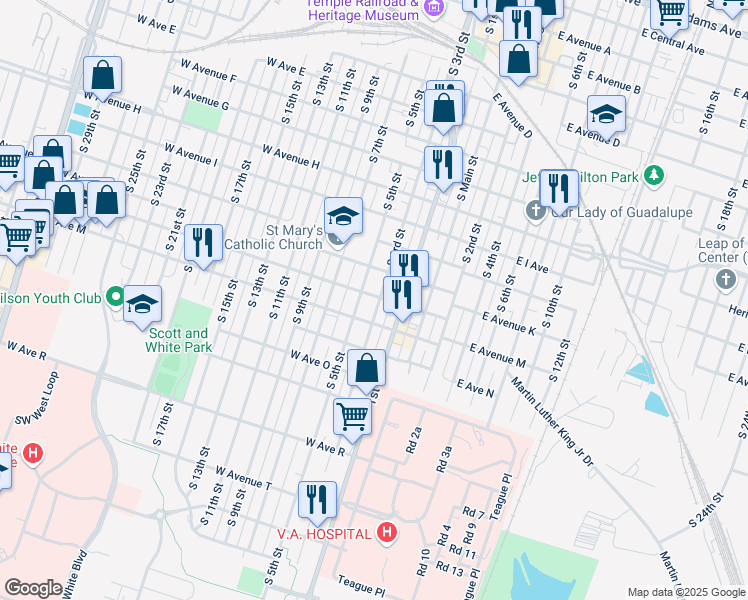 map of restaurants, bars, coffee shops, grocery stores, and more near 1118 South 5th Street in Temple