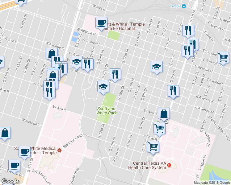 map of restaurants, bars, coffee shops, grocery stores, and more near 1325 South 17th Street in Temple