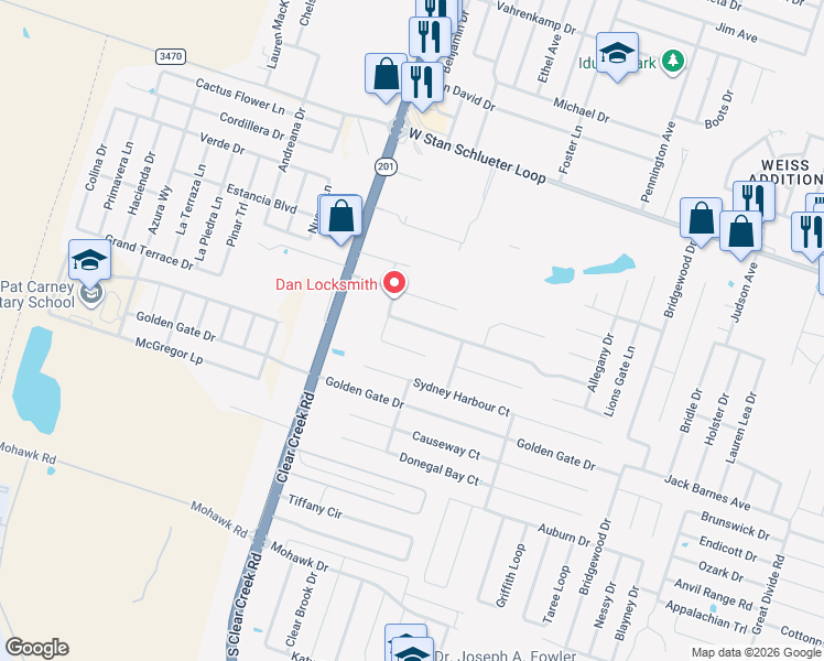 map of restaurants, bars, coffee shops, grocery stores, and more near 5303 Ranch Meadow Street in Killeen