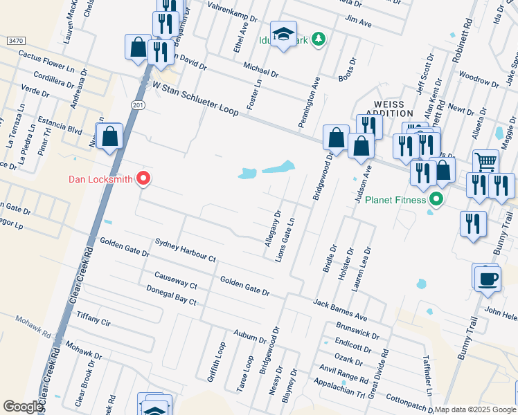 map of restaurants, bars, coffee shops, grocery stores, and more near 4705 Honeystreet Bridge Lane in Killeen
