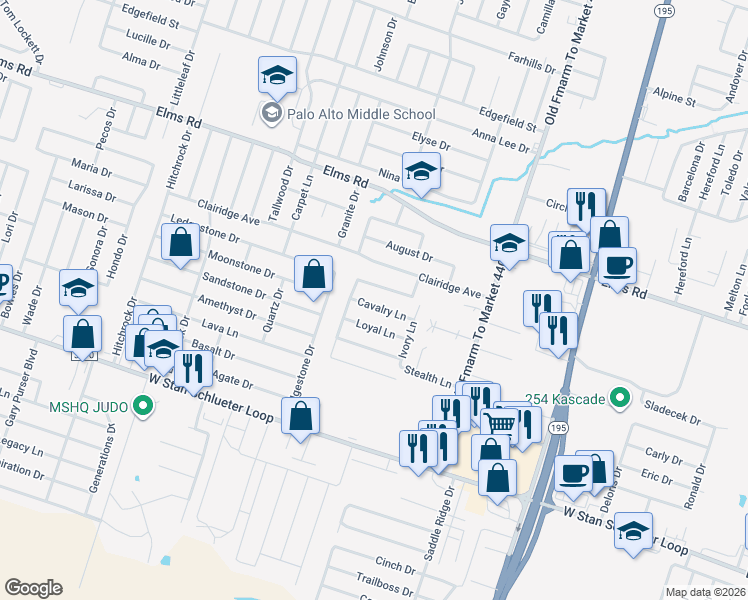 map of restaurants, bars, coffee shops, grocery stores, and more near 1305 Cavalry Lane in Killeen