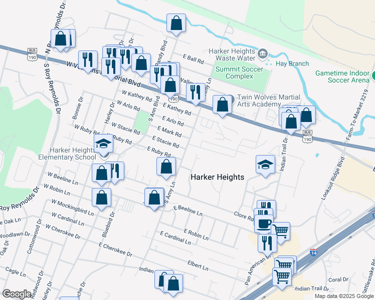 map of restaurants, bars, coffee shops, grocery stores, and more near 305 North Amy Lane in Harker Heights
