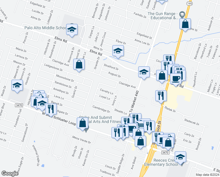 map of restaurants, bars, coffee shops, grocery stores, and more near 4005 Cambridge Drive in Killeen