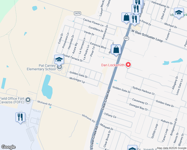 map of restaurants, bars, coffee shops, grocery stores, and more near 6000 Grand Terrace Drive in Killeen