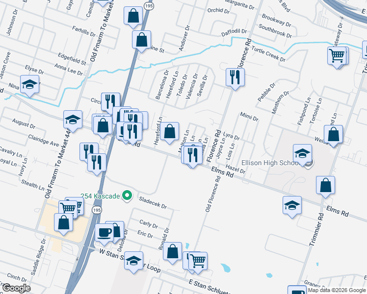 map of restaurants, bars, coffee shops, grocery stores, and more near 10 Fogle Lane in Killeen