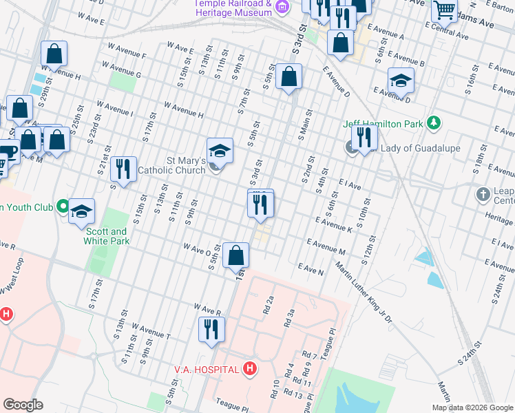 map of restaurants, bars, coffee shops, grocery stores, and more near 1120 South 1st Street in Temple