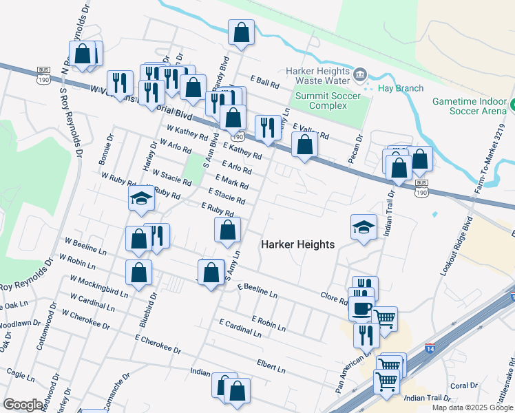 map of restaurants, bars, coffee shops, grocery stores, and more near 305 North Amy Lane in Harker Heights