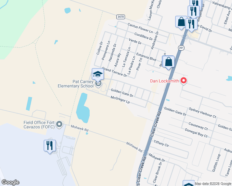 map of restaurants, bars, coffee shops, grocery stores, and more near 6100 Grand Terrace Drive in Killeen