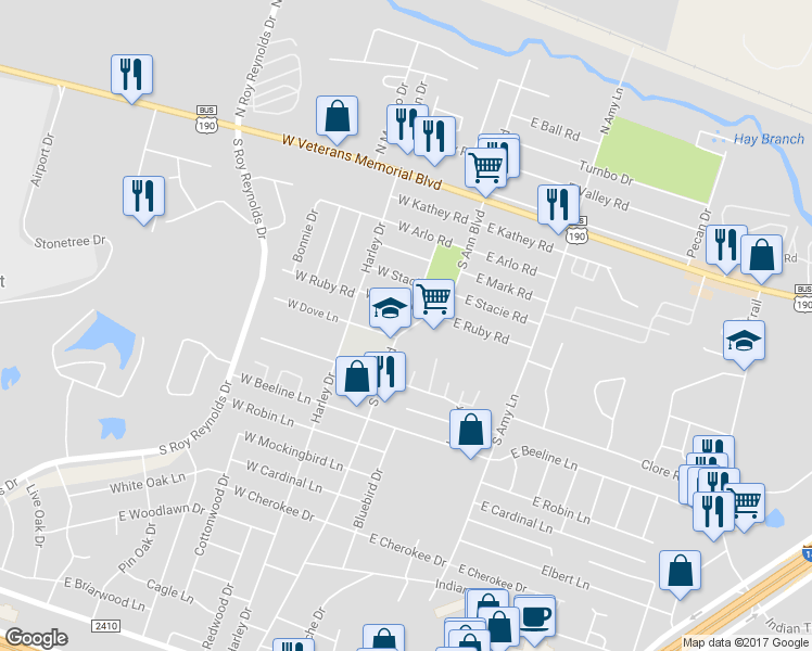 map of restaurants, bars, coffee shops, grocery stores, and more near 104 West Ruby Road in Harker Heights