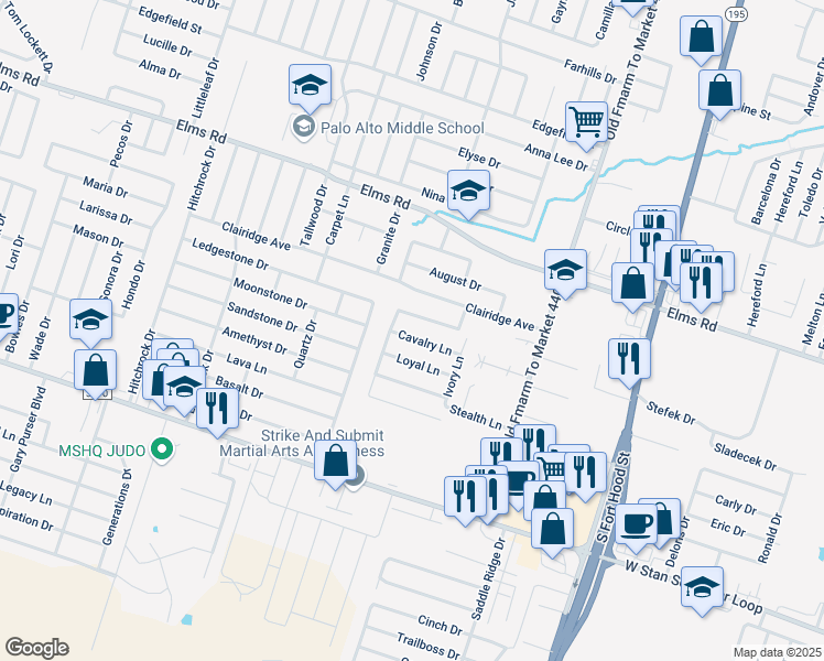 map of restaurants, bars, coffee shops, grocery stores, and more near 1307 Cavalry Lane in Killeen