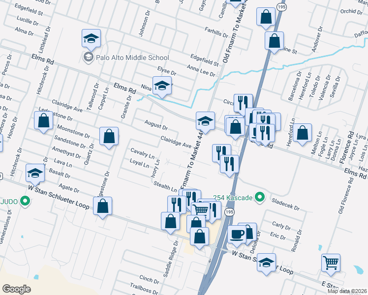map of restaurants, bars, coffee shops, grocery stores, and more near 1005 Clairidge Avenue in Killeen