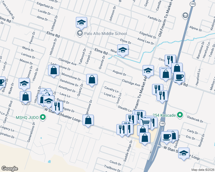 map of restaurants, bars, coffee shops, grocery stores, and more near 1307 Cavalry Lane in Killeen