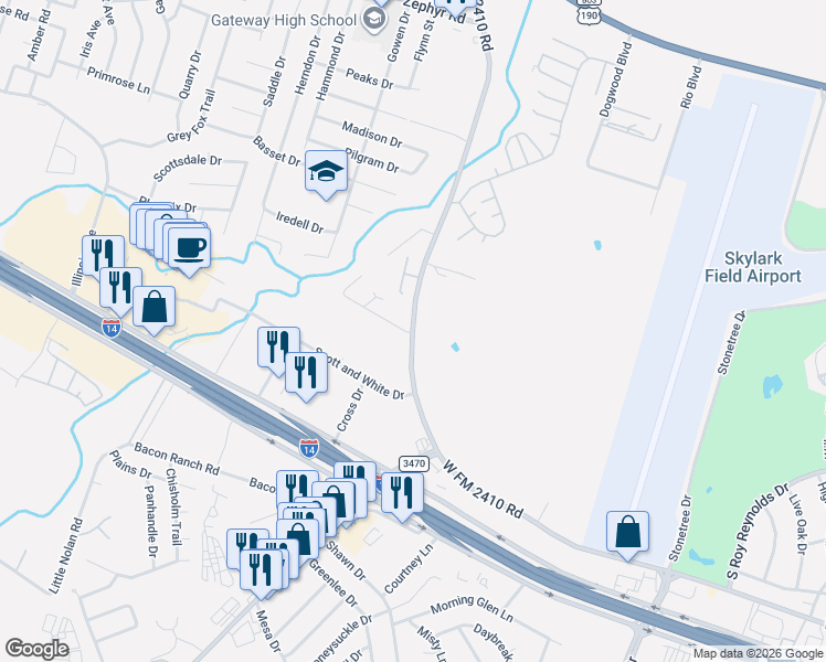 map of restaurants, bars, coffee shops, grocery stores, and more near 3709 Malibu Lane in Killeen