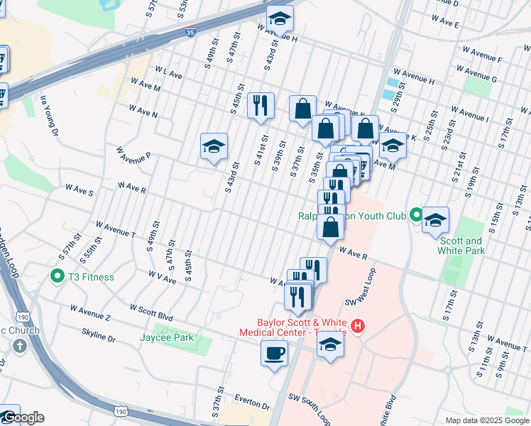 map of restaurants, bars, coffee shops, grocery stores, and more near 1713 South 39th Street in Temple