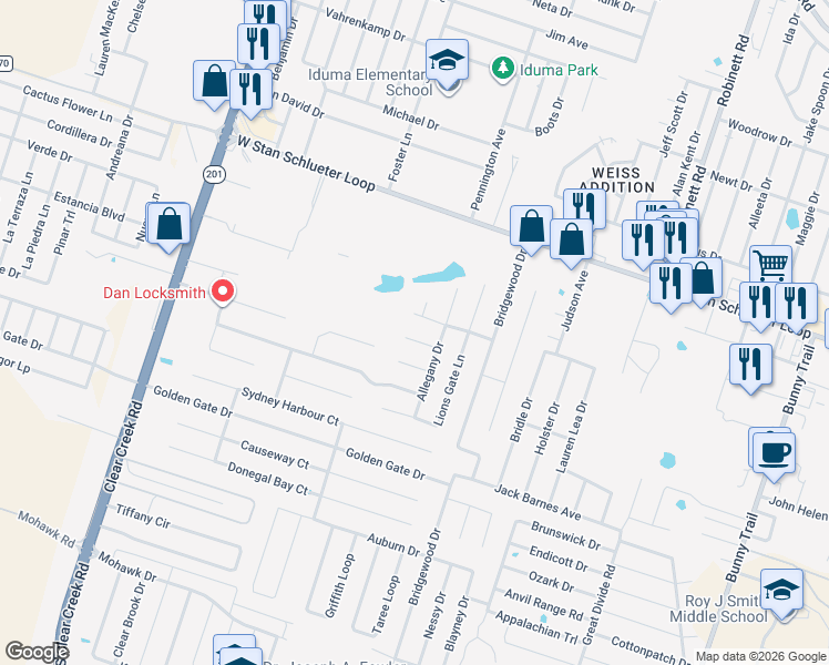 map of restaurants, bars, coffee shops, grocery stores, and more near 4608 Black Forest Lane in Killeen
