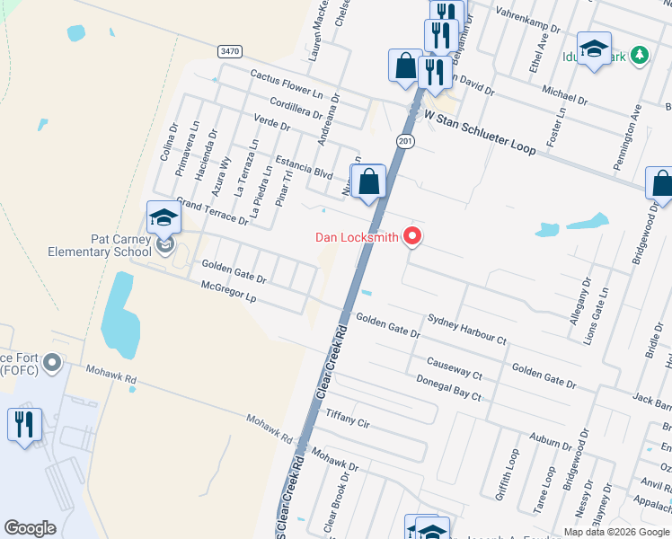 map of restaurants, bars, coffee shops, grocery stores, and more near 5501 South Clear Creek Road in Killeen