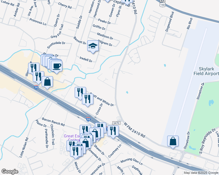 map of restaurants, bars, coffee shops, grocery stores, and more near 3709 Malibu Lane in Killeen