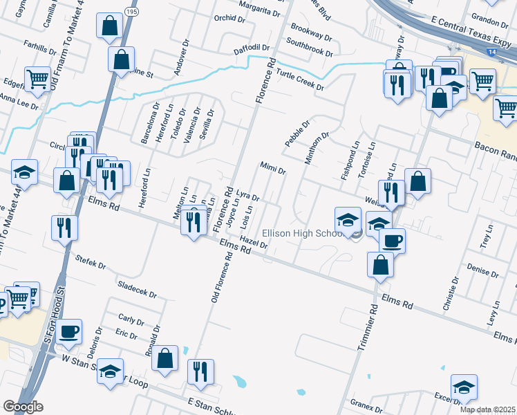 map of restaurants, bars, coffee shops, grocery stores, and more near 127 Rosie Lane in Killeen