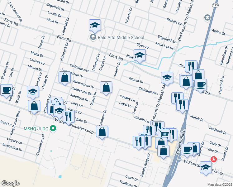 map of restaurants, bars, coffee shops, grocery stores, and more near 4106 Cambridge Drive in Killeen