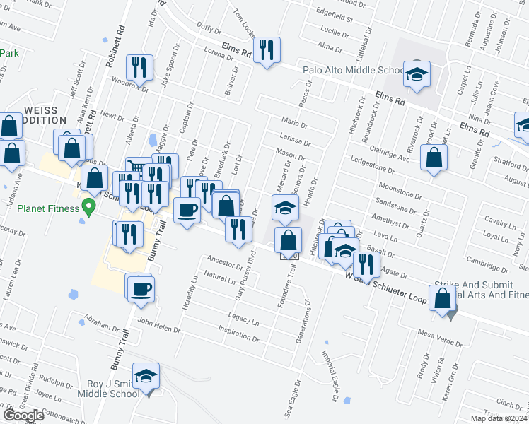 map of restaurants, bars, coffee shops, grocery stores, and more near 4510 Wade Drive in Killeen