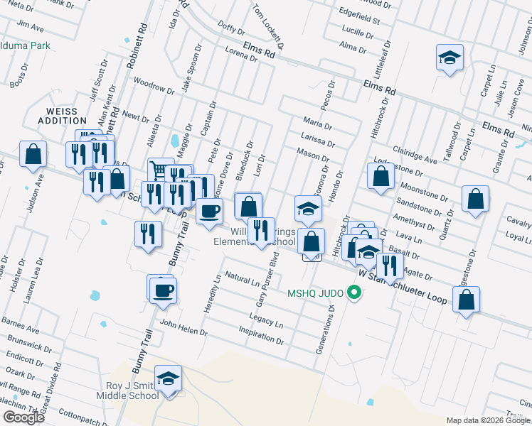 map of restaurants, bars, coffee shops, grocery stores, and more near 4603 Bowles Drive in Killeen