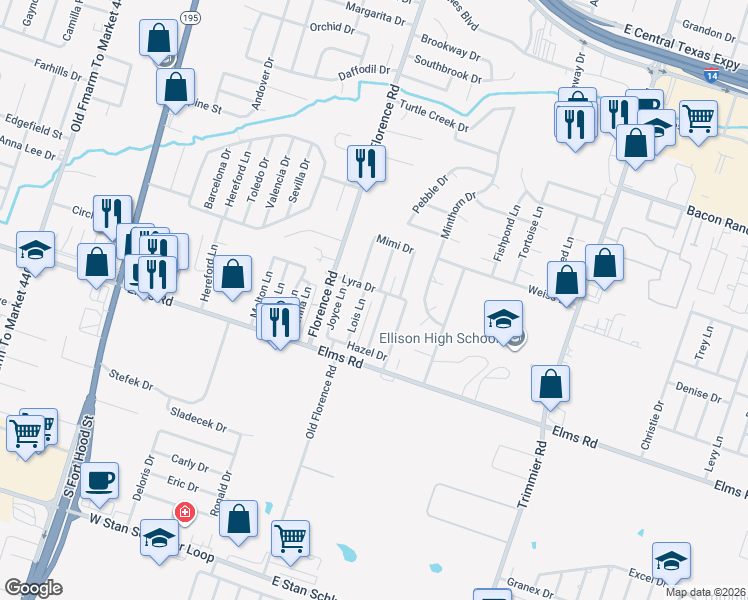 map of restaurants, bars, coffee shops, grocery stores, and more near 127 Rosie Lane in Killeen