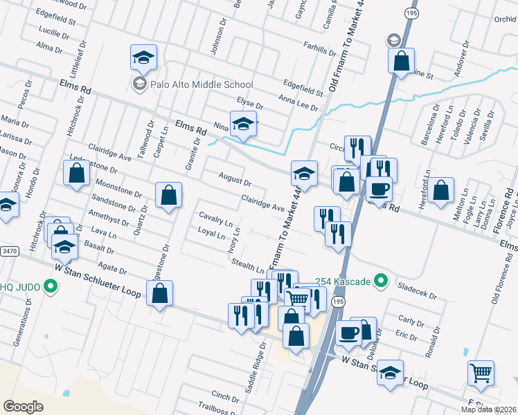 map of restaurants, bars, coffee shops, grocery stores, and more near 1104 Clairidge Avenue in Killeen